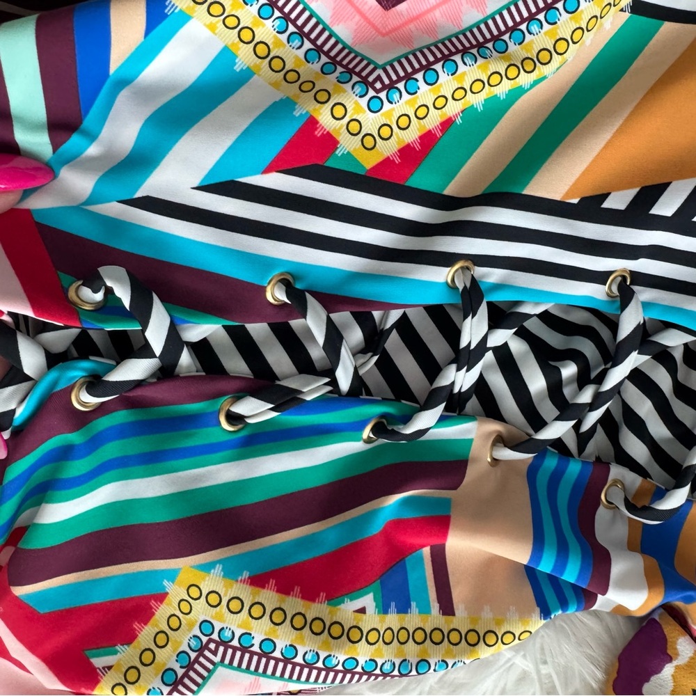 Red Carter Multicolor Geometric One-Piece Swimsuit — Pink, Blue, Teal, Mustard - Picture 4 of 14
